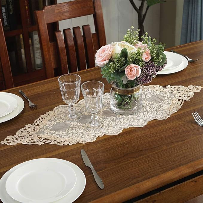 ARTABLE Rectangle Table Runner Lace Macrame Embroidered Table Runners with Exquisite Vintage Shabby Chic for Holiday Wedding Long Dinner Tables (Light Gold, 12 x 28 Inch)