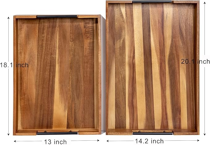 Extra-Large Wooden Tray Set of 2, (20.1'' + 18.1'') Serving Tray with Metal Handles, Rectangle Rustic Serving Trays for Breakfast, Used in Kitchen Counter, Coffee Table, Bedroom, Living Room