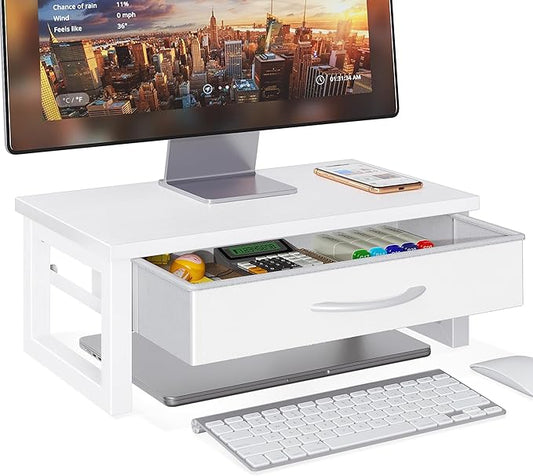 Desk Organizers and Accessories, Computer Monitor Stand Riser with Drawer, White Laptop Stand for Desk with Storage, Office Organization, Wood