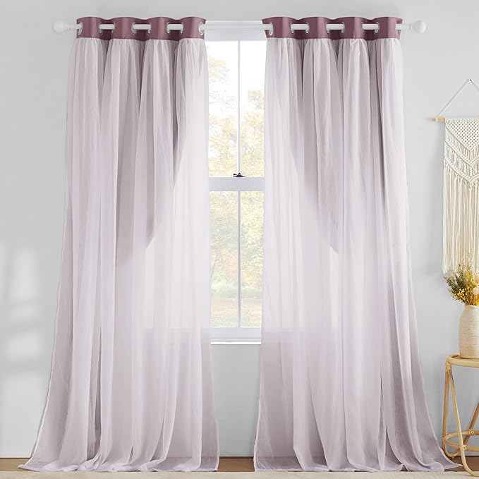 NICETOWN Living Room Curtains - Thermal Insulated Blackout Curtains with White Crushed Sheer Mix & Match Farmhouse Window Covering for Home Decoration with Tie Ropes, Dry Rose, W52 x L84, 1 Pair