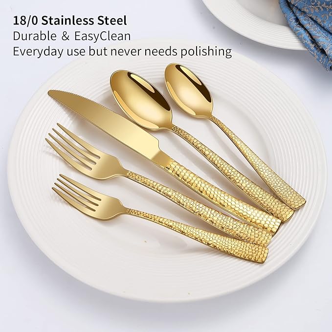 45-Piece Silverware Set with Serving Utensils Set, Gold Hammered Stainless Steel Flatware for 8, Food-Grade Tableware, Including Fork, Knife, Spoon Set, Home Kitchen Cutlery, Dishwasher Safe