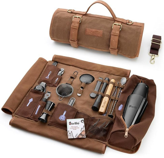 Barillio Bartender Kit Bag with Black Cocktail Shaker Set - Waxed Canvas, Traveling Bar Tools Bag with 17-Pc Cocktail Kit - Travel Mixology Bartending Kits - Mobile Bar Roll with Strap & Accessories