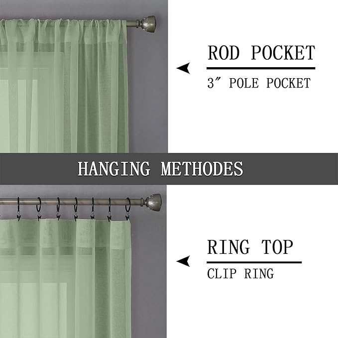 Tollpiz Short Sheer Curtain Living Room Linen Textured Curtains Sheer Light Filtering Voile Rod Pocket Curtain for Bedroom, 38 x 54 inches Long, Sage Green, Set of 2 Panels