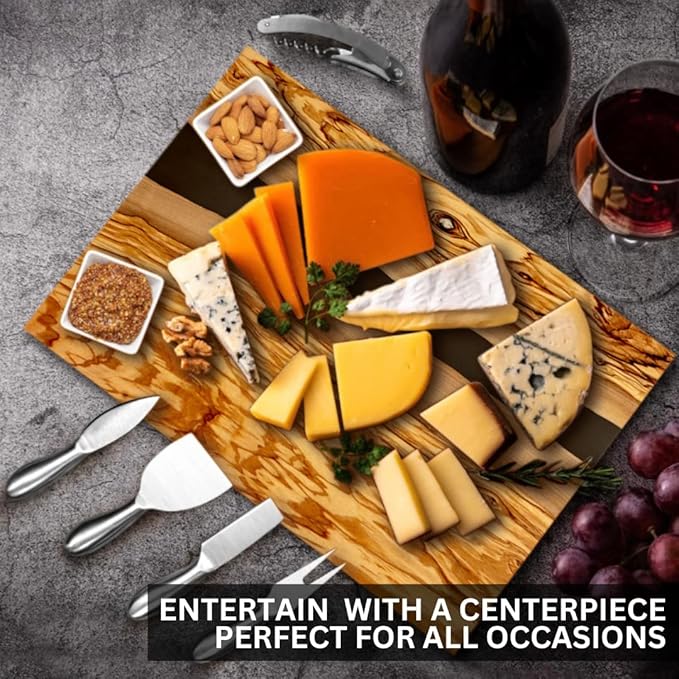 Handcrafted Italian Olive Wood Cheese & Charcuterie Board Set with Unique Black Resin Artwork - Cutting Board Comes with 4 Cheese Knives, 2 Dipping Bowls & Corkscrew Wine Opener (Black)