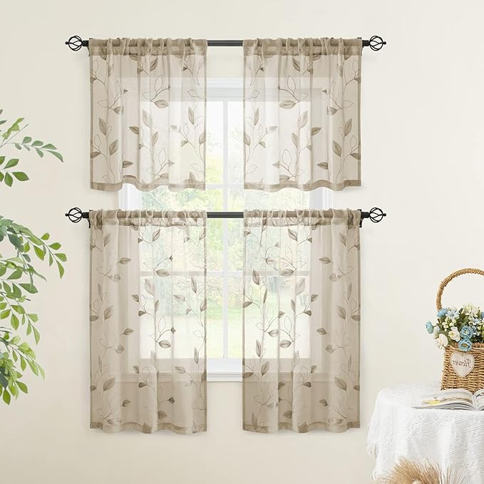 HOMEIDEAS Taupe Sheer Kitchen Curtains 30 X 24 Inch Length 2 Panels Beige Embroidered Leaf Pattern Short Curtains for Small Window Valance Tiers