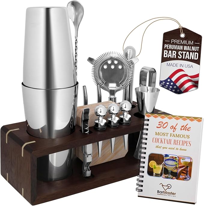 BarMaster® Cocktail Shaker Set – Bartender Kit with Bar Tools & Accessories – Mixology Set for Home Bar – Premium Cocktail Set, Martini Shaker, Barware Kit with Stand