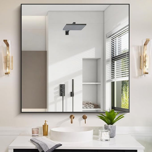 Black Bathroom Mirror for Wall, 42x42 Inch Wall Mounted Rectangle Mirrors with Metal Frame, Large Modern Vanity Wall Square Mirror for Bathroom Living Room, Entryway