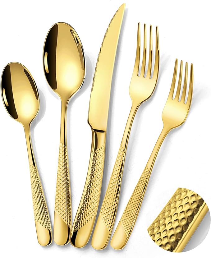 Lemeya 20-Piece Hammered Gold Silverware Set for 4 with Serrated Forging Knives,18/10 Stainless Steel Modern Flatware Set,Unique Cutlery Set Spoons and Forks Set,Mirror Polished,Dishwasher Safe