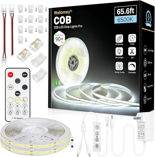 COB LED Strip Light with Remote, 65.6ft Dimmable 6500K Super Bright Daylight White Led Lights Strip, 24V Flexible LED Tape Light for Bedroom, Kitchen, DIY Lighting (2 Rolls of 32.8ft)