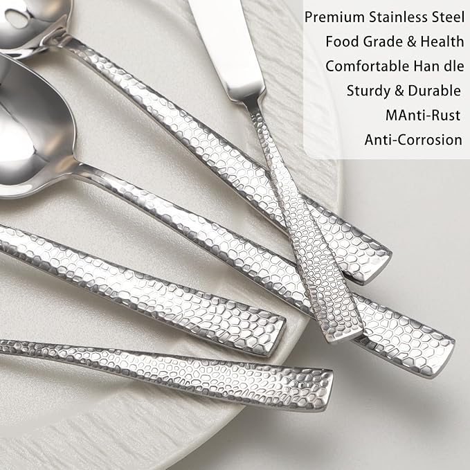Large Hostess Serving Utensils Set, Stainless Steel Heavy Duty Hammered Serving spoons, Slotted Spoons, Serving Fork, Cake Server, Butter Knife, Dishwasher Safe（Silver）
