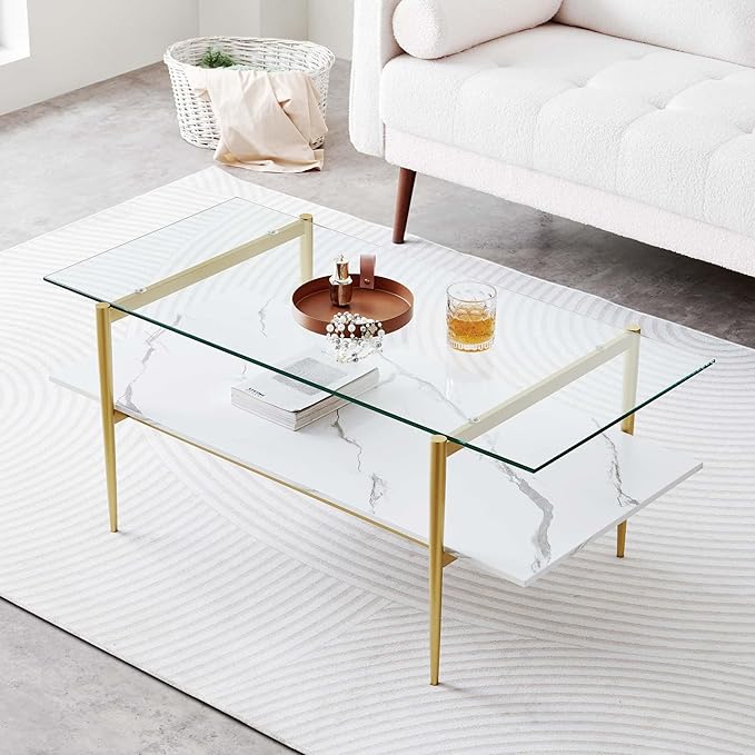 Rectangle Coffee Table for Living Room, Mid-Century Modern Design, L41 x W21 x H17, 2-Tier Structure, Clear Glass Top and White Marble Finish Wood Shelf, Conical Legs with Gold Finish