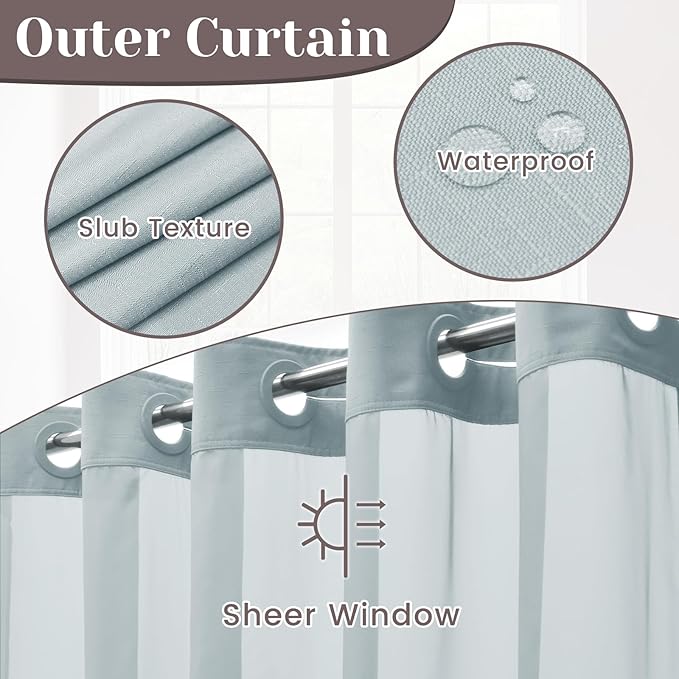 No Hook Slub Textured Shower Curtain with Snap in Liner - Blue Fabric Outer Curtain & Waterproof Inner Liner, Hotel Style with See Through Top Window, 71x86 in