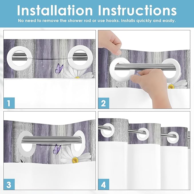 No Hook Flower Daisy Shower Curtain with Snap in Fabric Liner Set, Purple Wooden Boards Double Layers Waterproof Fabric with See Through Top Window Open Grommet Bath Curtain 71x74 Inch