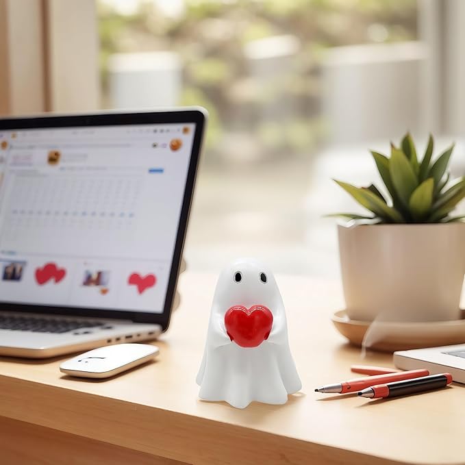 Halloween Cute Ghost Figurine with Red Heart– Resin Mini Statue, Romantic Shelf & Desk Decor, Halloween or Valentine’s Day Gift for Home, Office, and Friends