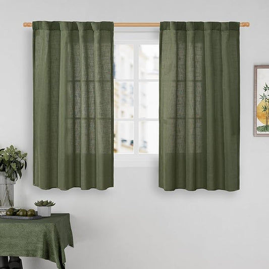 LAMIT 45 Inch Short Window Linen Curtains, Light Filtering Panels Back Tab and Rod Pocket Christmas Decor Drapes for Cafe/Bathroom/Loft Room, Olive Green, 2 Panels, 34 x 45 Inch