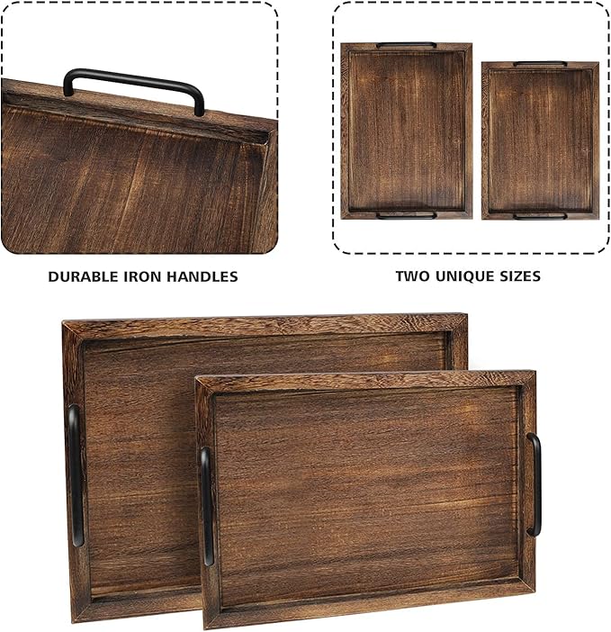 LIBWYS Rustic Wooden Serving Trays with Handle-Set of 2-Decorative Nesting Food Board Platters for Breakfast, Coffee Table/Butler (Large 15.8x11.8x1.2 inches, Small 13.4x9.4 x1.2 inches)
