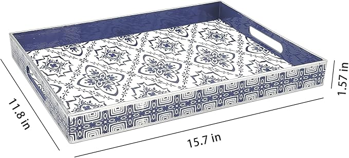 Serving Tray with Handles, 15.7 * 11.8 inches, Plastic Ottoman Tray with Exquisite Paintings, Trays for Coffee Table