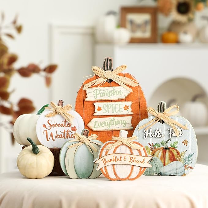5 Pcs Fall Pumpkin Decor for Home Thanksgiving Novel Wooden Table Centerpiece Decorations Light Green Fall Wooden Pumpkin Signs for Autumn Farmhouse Kitchen Mantle Tabletop Supplies