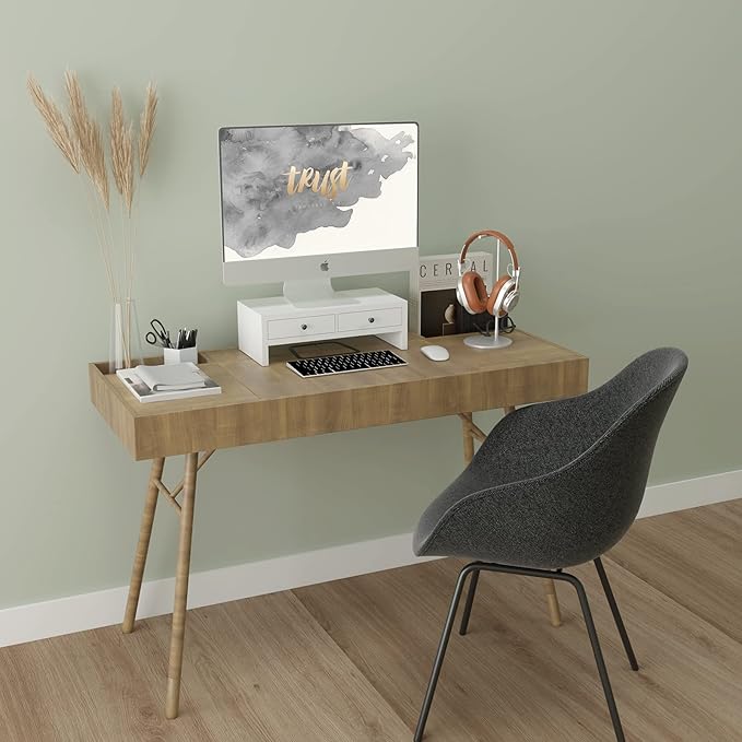 WELLAND Monitor Stand Riser with Drawers, Computer Monitor Stand, Desktop Organizer Stand for Laptop, PC, Office Supplies, White