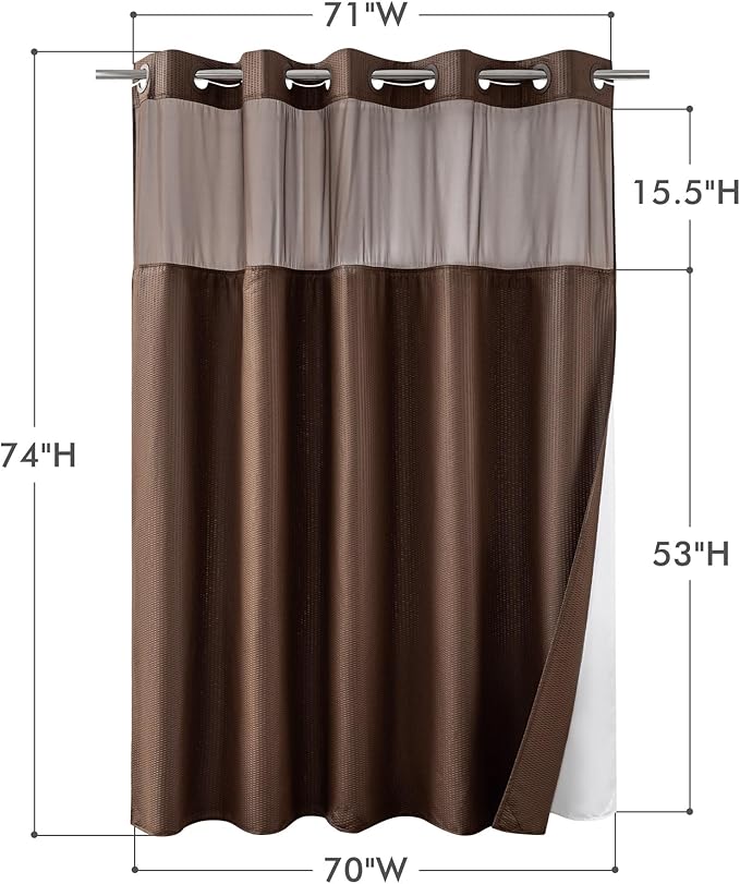 Mrs Awesome No Hook Shower Curtain with Snap-in Liner, Embossed Waffle Design Fabric Shower Curtain for Bathroom, Soft & Lightweight, 71x74, Chocolate