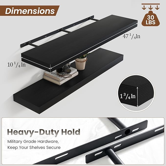 Heimlove 48" Black Floating Shelves for Wall,10 Deep Rustic Wood Display & Storage Wall Shelves with Heavy Duty Brackets for Bathroom,Bedroom,Kitchen,Living Room,Office