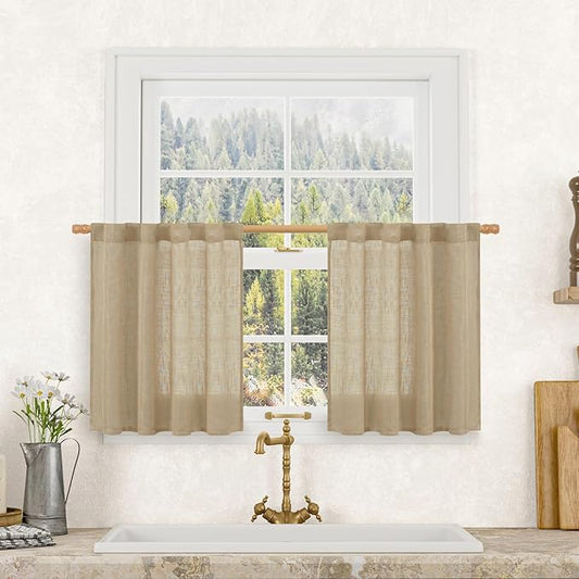 LAMIT Semi Sheer Short Linen Curtains 24 Inch Long, Light Filtering Panels Back Tab and Rod Pocket Neutral Drapes for Cafe/Bathroom/Small Window, Brown, 2 Panels, 34 x 24 Inch