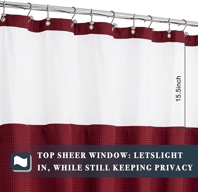 N&Y HOME Waffle Weave Shower Curtain with Snap-in Fabric Liner & 12 Metal Hooks Set - Hotel Style, Waterproof & Washable, Heavyweight Fabric & Mesh Top Window - 71x72, Wine Red