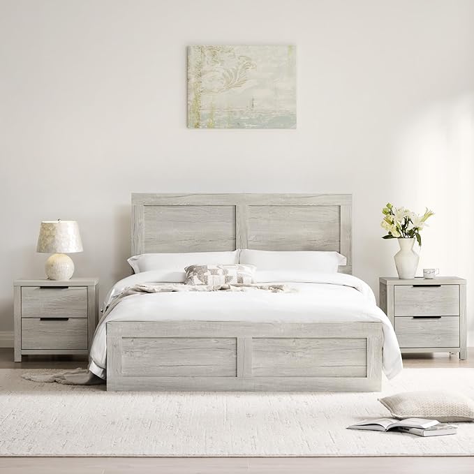 21" Farmhouse Nightstand with Charging Station 2 Drawers Large End Table with Metal Handle Rustic Low Night Stand Wood Dresser for Living Room Bedroom Closet,Grayish White