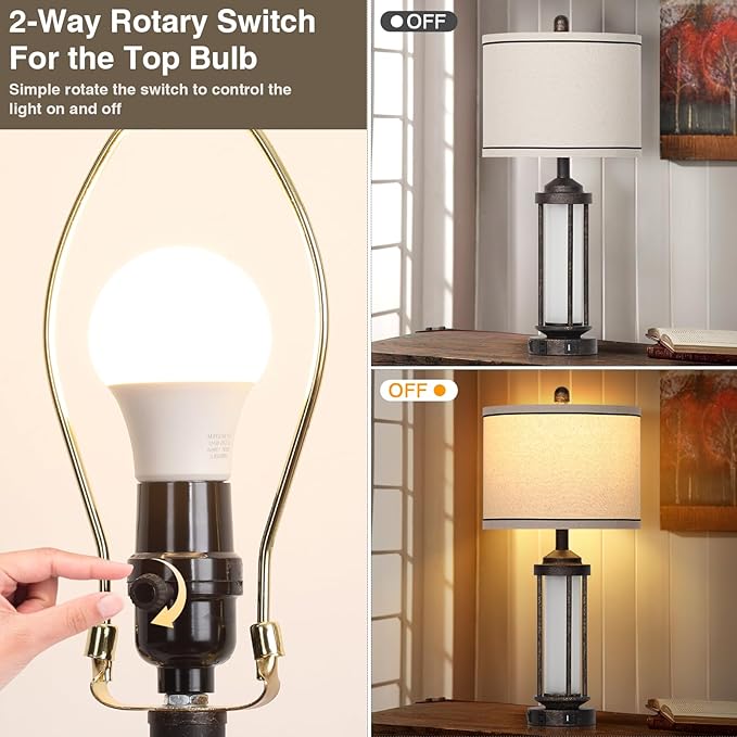 27" Farmhouse Industrial Table Lamps, Vintage Rustic Retro Beside Lamps with USB A+C Charging Ports & AC Outlet, Modern Nightstand Lamps with Glass LED Night Light for Living Room Bedrooms End Table