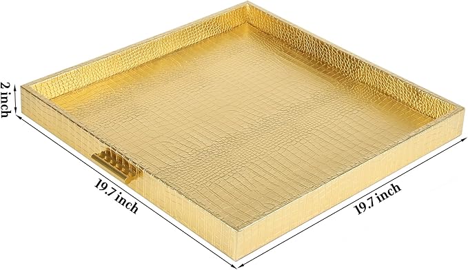 HofferRuffer Elegant Decorative Serving Tray, 20"x20" Square Faux Leather Ottoman Tray with Gold Hardware Handles, Coffee Table Serve Tea, Coffee or Breakfast (Gold, Square-20 inch)