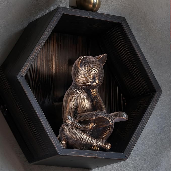 6.4 Inch Resin Reading Cat Figurine - Cute Animal Sculpture for Desk, Office, Bookshelf or Table Decor - Meditation Statue, Bronze Cat Lover Gift, Relaxing Book Theme Accent, Decorative Pet Ornament