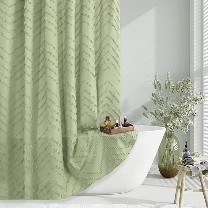 Green Shower Curtain Boho Woven Fabric Shower Curtain Tufted Chervon Textured Shower Curtain Modern Minimalist Shower Curtain for Bathroom Neutral Striped Waterproof Shower Curtain 72 x 72 Inches