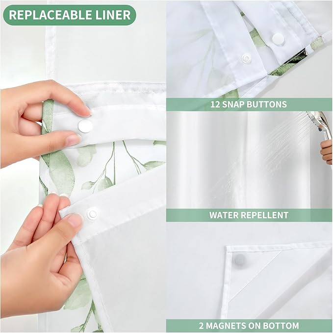 QiyI No Hook Shower Curtain with Snap in Fabric Liner, Olive Green Eucalyptus Shower Curtain with See Through Top Window, Waterproof Washable Cloth Ringless Shower Curtain Set for Bathroom, 72 x 75