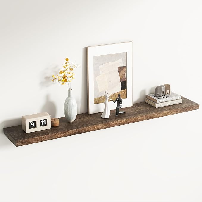 Rustic Elm Wood Floating Shelf for Wall, Flat Edge 55"W x 9.2"D x 1.4"H, 1 Pack with Invisible Bracket, Large Wall Mounted Storage Shelf for Living Room Bedroom Kitchen Bathroom Decor, Walnut Finish