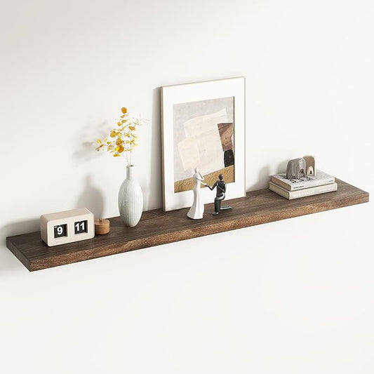 Rustic Elm Wood Floating Shelf for Wall, Flat Edge 55"W x 9.2"D x 1.4"H, 1 Pack with Invisible Bracket, Large Wall Mounted Storage Shelf for Living Room Bedroom Kitchen Bathroom Decor, Walnut Finish