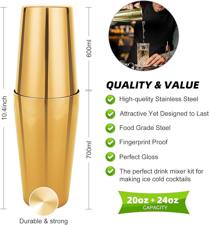 Cocktail Shaker Set, 23-Piece Boston Stainless Steel Bartender Kit with Acrylic Stand & Cocktail Recipes Booklet, Professional Bar Tools for Drink Mixing, Home, Bar, Party - Gold