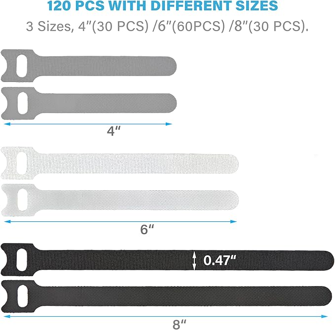 120 PCS Reusable Cable Ties with Hook and Loop, Multi-purpose Adjustable Cable Management Wire Ties Cable Straps for Organizing Home, Office and Data Centers (Black+White+Grey, 4"-6"-8")