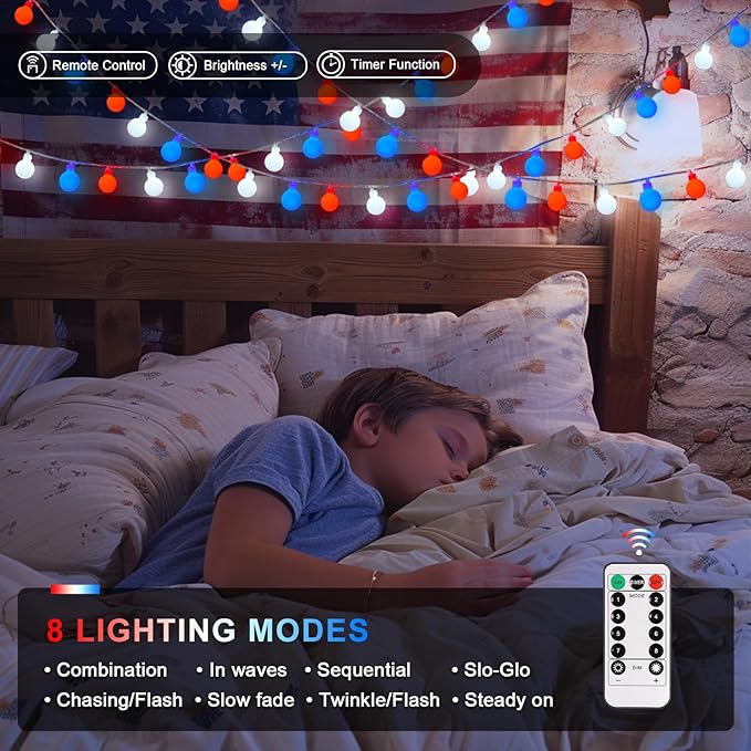 JMEXSUSS Red White and Blue Lights Battery Operated, 33ft 4th of July Lights Outdoor Waterproof, 100 LED String Light for Independence Day Memorial Patriotic Day Decor