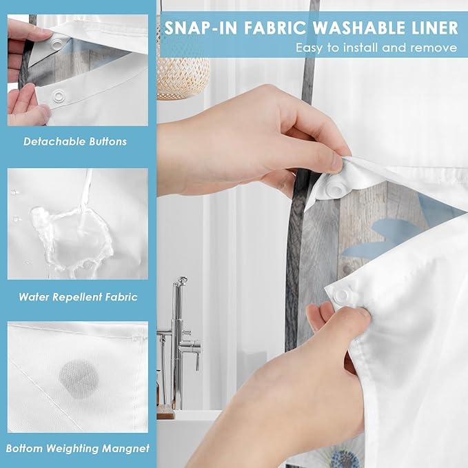 No Hook Rustic Farmhouse Shower Curtain with Snap in Fabric Liner Set, Blue Daisy Flowers and Butterfly on Wooden Double Layers Waterproof with See Through Top Bath Curtain 71x74 Inch