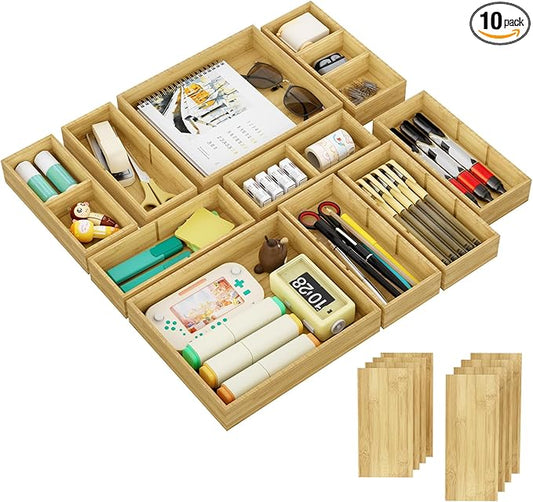 SpaceWhisper Bamboo Drawer Organizer, 10-Piece Drawer Divider with Removable Dividers for Organization and Storage, Multi-Use Stackable Storage Box & Utensil Holder for Kitchen, Office, Makeup & More