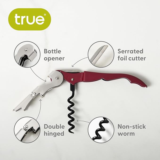 True Truetap Double Hinged Waiter's Corkscrew Wine Opener, Stainless Steel Wine Bottle Opener with Built In Foil Cutter, Home Bar Tools, Bar Cart Accessories, Wedding Gifts, Set of 1, Burgundy