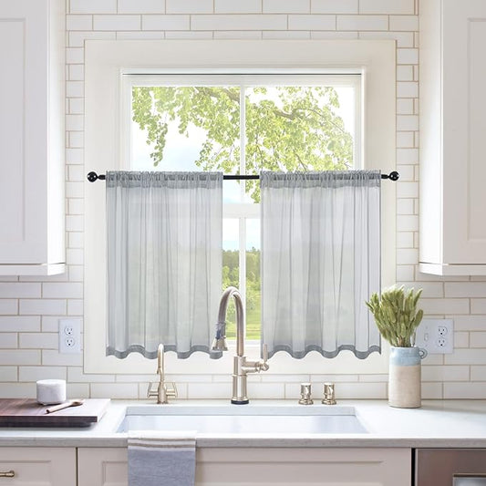 MIULEE 2 Panels Kitchen Tiers Half Window Sheer Curtains Rod Pocket Translucent Voile Drapes for Kitchen Bathroom Small Windows 29 by 36 Inch Dark Grey