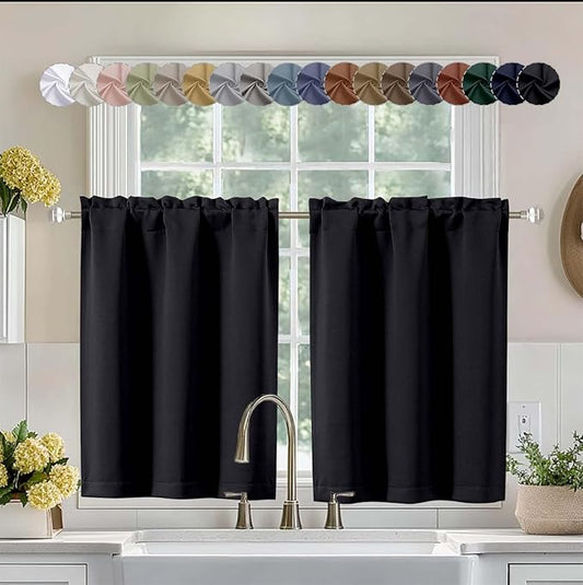 Aiyufeng Halloween Black Short 36 Inches Blackout Curtain 2 Panels Set, Half Window Rod Pocket Privacy Curtain Tiers for Kitchen, Curtains Blackout for Bathroom Shades, W40 x L36 Inch, Black