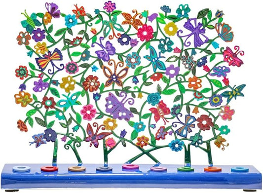 Yair Emanuel Menorah for Hanukkah | Colorful Hand Painted Design | Judaica Gift (Flowers & Butterflies (HAY-3))