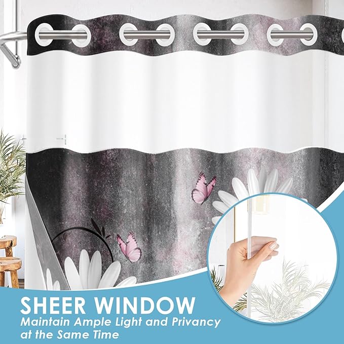 No Hook Pink White Daisy Butterfly Shower Curtain with Snap in Fabric Liner Set, Grey Farmhouse Double Layers Waterproof Fabric with See Through Top Window Open Grommet Bath Curtain 54x80 Inch