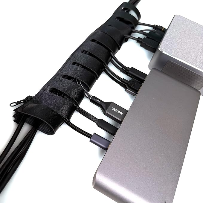 Under Desk Cable Organizer 2-Pack – PU Leather, Zipper Closure with 10 Cable Slots, Tool-Free Mount, Connectable Design for Home and Office Wire Management (Black)