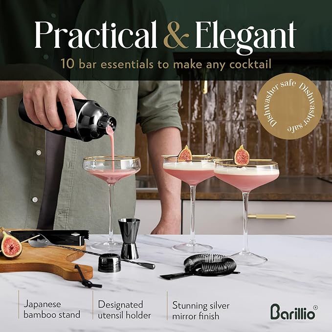 Barillio Black Bartender Kit - Stainless-Steel Cocktail Shaker Set w/Bamboo Stand - Mixology Bar Tools w/Shaker, Drink Mixer Spoon & Muddler for Cocktails - Home Bar Accessories - 10-Pc Bar Set