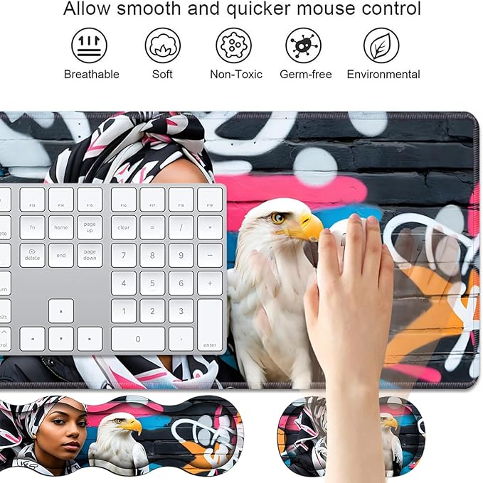 4 in 1 Ergonomic Keyboard Wrist Rest & Mouse Pad Wrist Rest Set, Large XXL Gaming Desk Mat 31.5"x 11.8" with Non-Slip Base, Memory Foam for Home Office Study Gaming, American Black Girl Bald Eagle