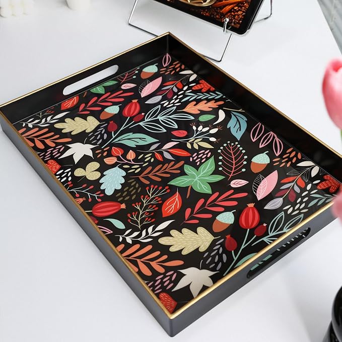 Rectangle Serving Tray with Handles, Coffee Table Tray for Ottoman, Organizer Vanity Tray for Living Room, Outdoor Tray for Patio Entertaining, Serving Breakfast Kitchen Platter LEE3040BH