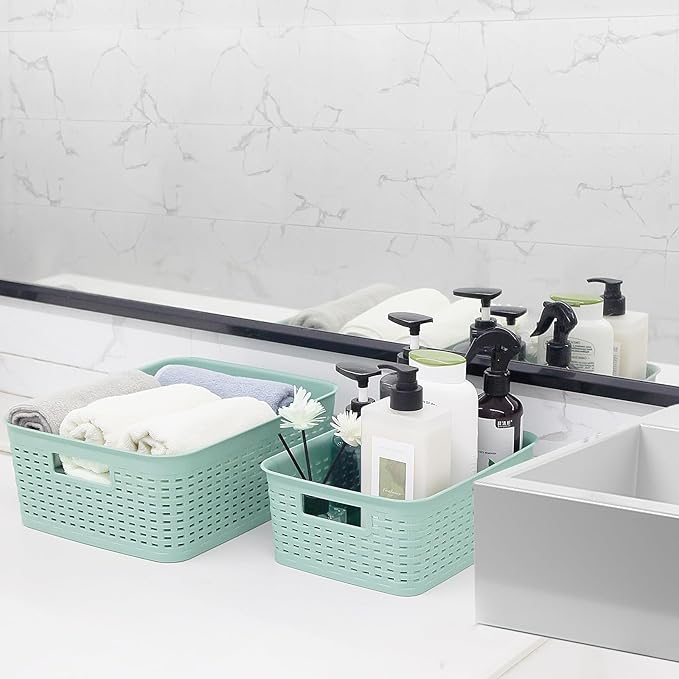 Soddeph Plastic Storage Baskets for Cabinets, Household Pantry Organization with Handle,Organizer Bins for Room,Bathrooms,Under-Sink,Kitchen (Green, S-3PACK)